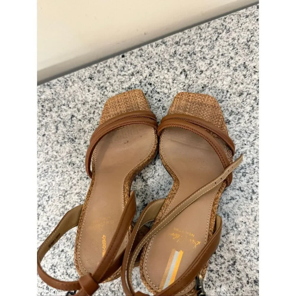 Sam Edelman Kia Woven Rattan Leather Ankle Strap Block Heel Sandals Brown Tan Si - Picture 3 of 5